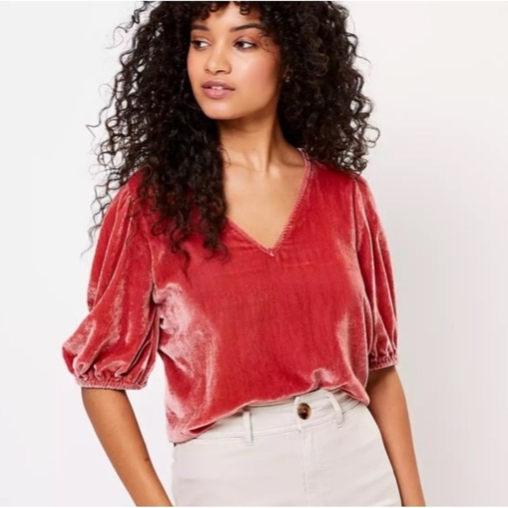 LOFT Plus Crushed Velvet V-Neck Puff Sleeve Top Mauve Pink Size 14 Holiday Party